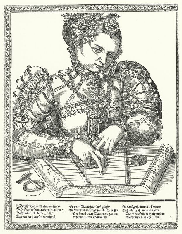 Kvinna som spelar en cittra (gravyr) av German School