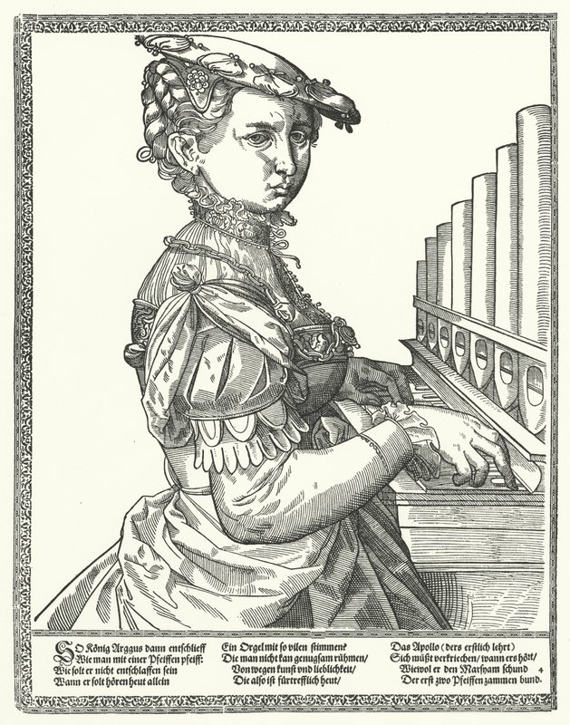Kvinna som spelar en orgel (gravyr) av German School
