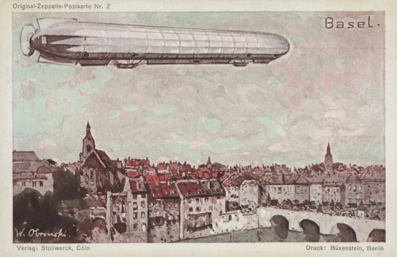 Zeppelin som flyger över Basel av German School