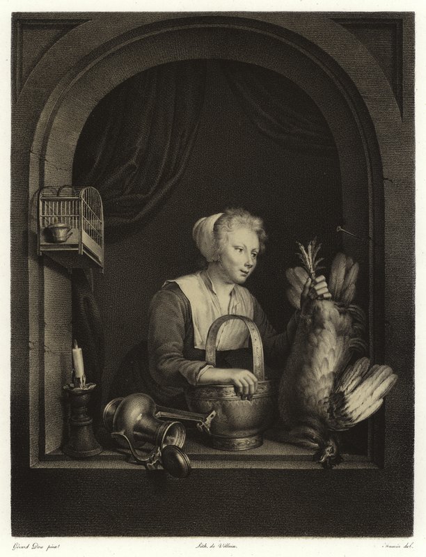 En kvinna som hänger upp en fågel av Gerrit Dou