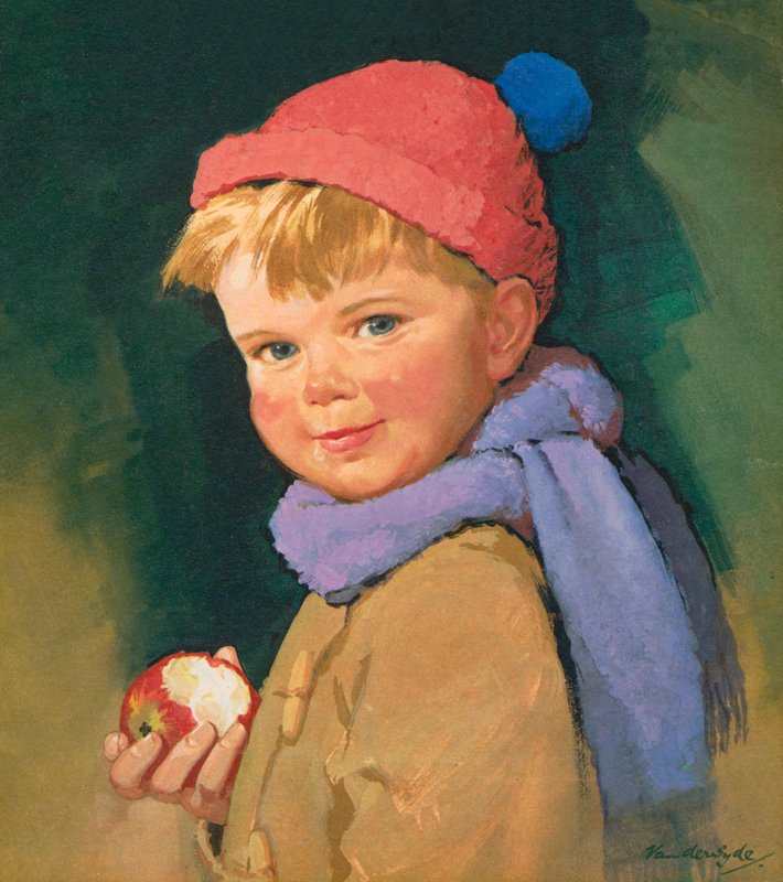 Pojke äter äpple (färglitografi) av Gerritt Vandersyde