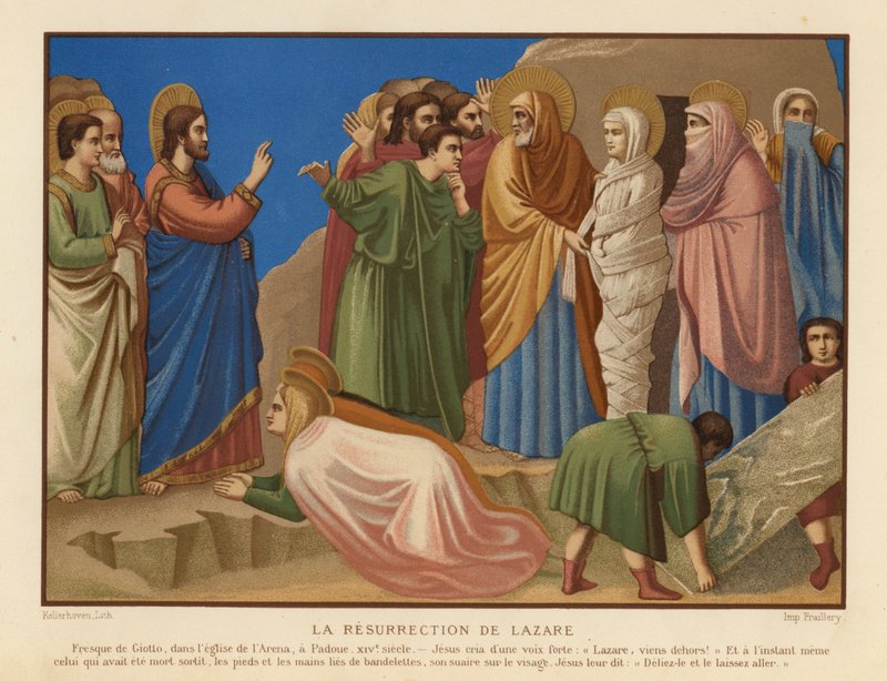 Resning av Lazarus (chromolitho) av Giotto di Bondone (after)