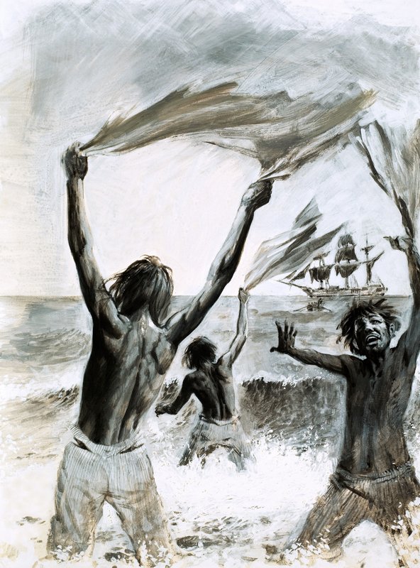 Skeppsbrutna på ön Asuncion (gouache på papper) av Graham Coton