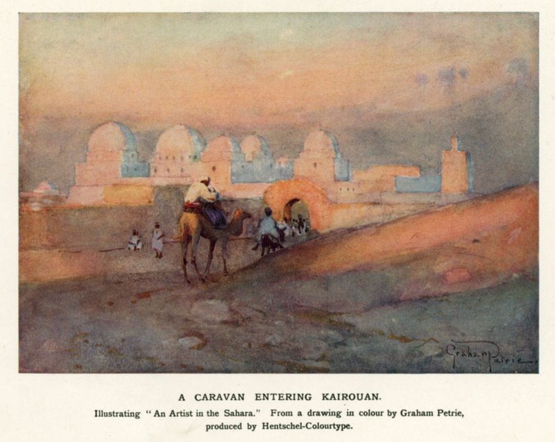 En husvagn på väg in i Kairouan (färg litho) av Graham Petrie