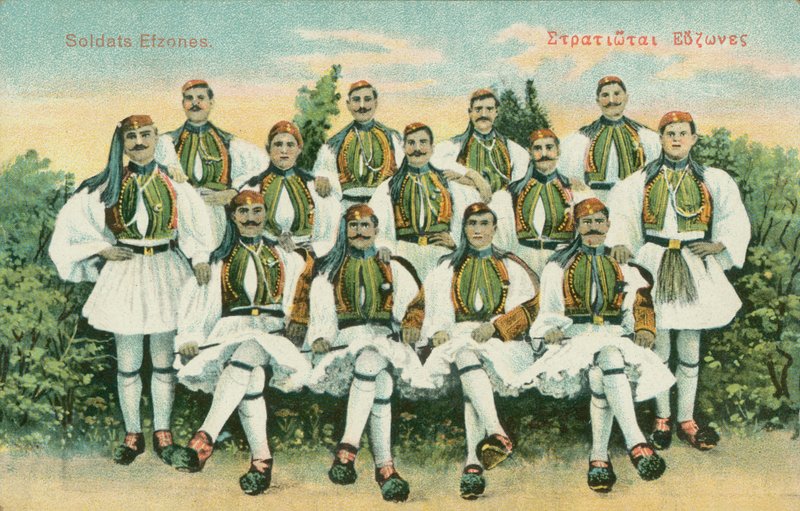 Evzones soldater (färglitografi) av Greek School