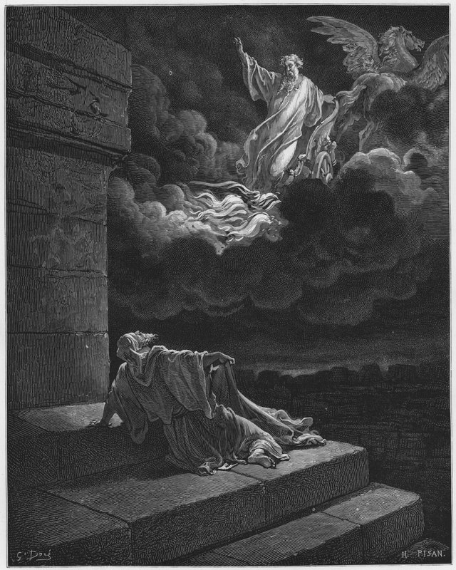 Gustave Dore Bibeln: Elia togs upp till himlen i en eldvagn av Gustave Dore