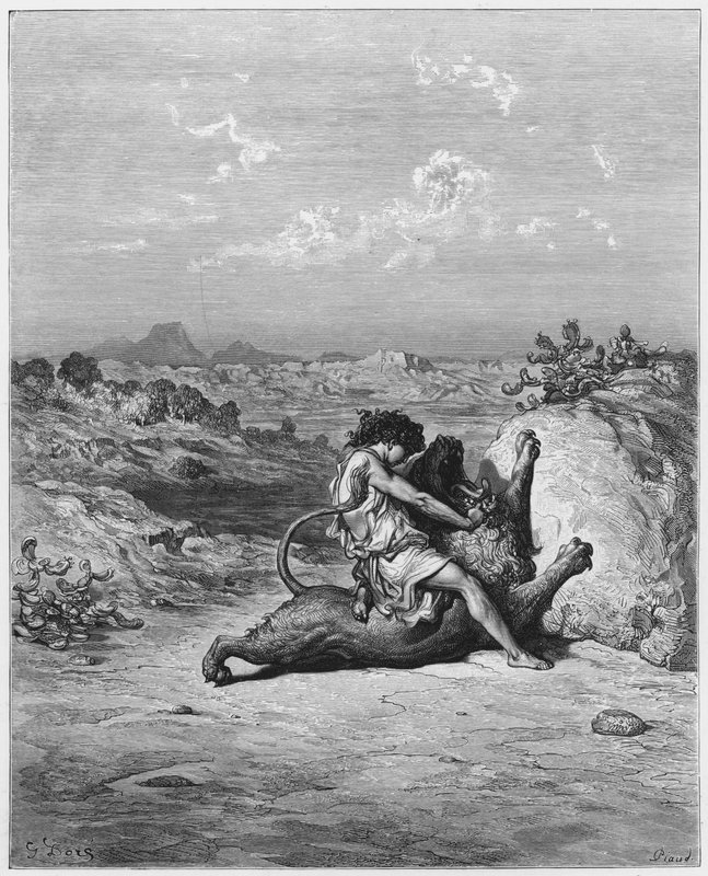 Gustave Dore Bibeln: Simson dödar ett lejon av Gustave Dore