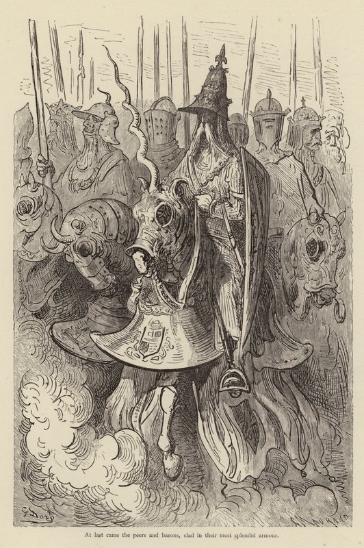 Till sist kom peers och baroner, klädda i sina mest praktfulla rustningar. av Gustave after Dore