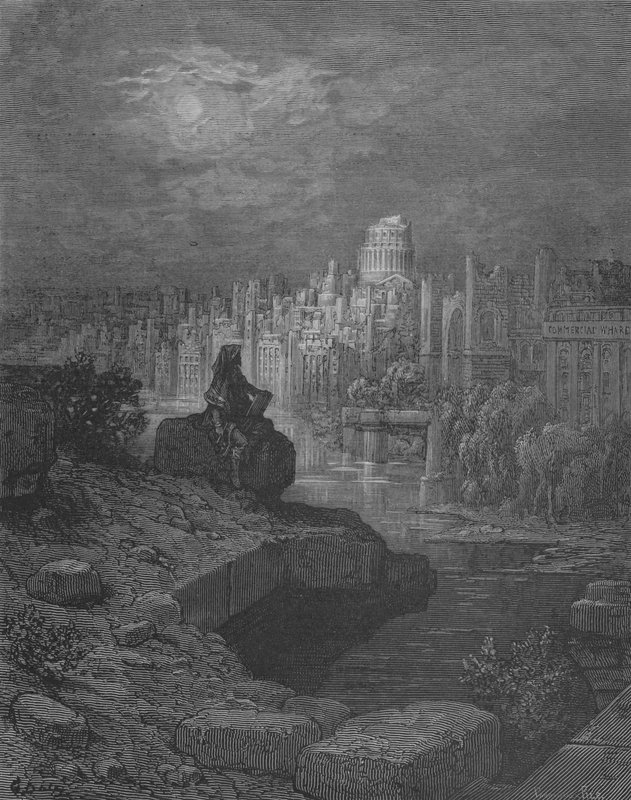 Resenärer kommer att gå för att sitta på ruinerna vid Themsen av Gustave after Dore