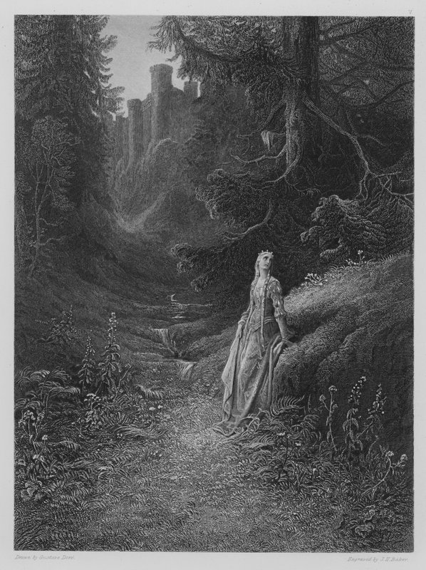 Elaine på väg till Lancelots grotta av Gustave after Dore
