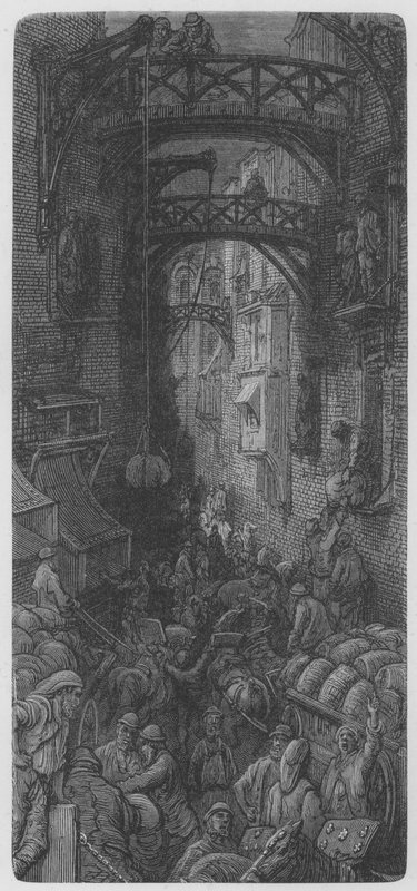 En livlig gata av Gustave after Dore
