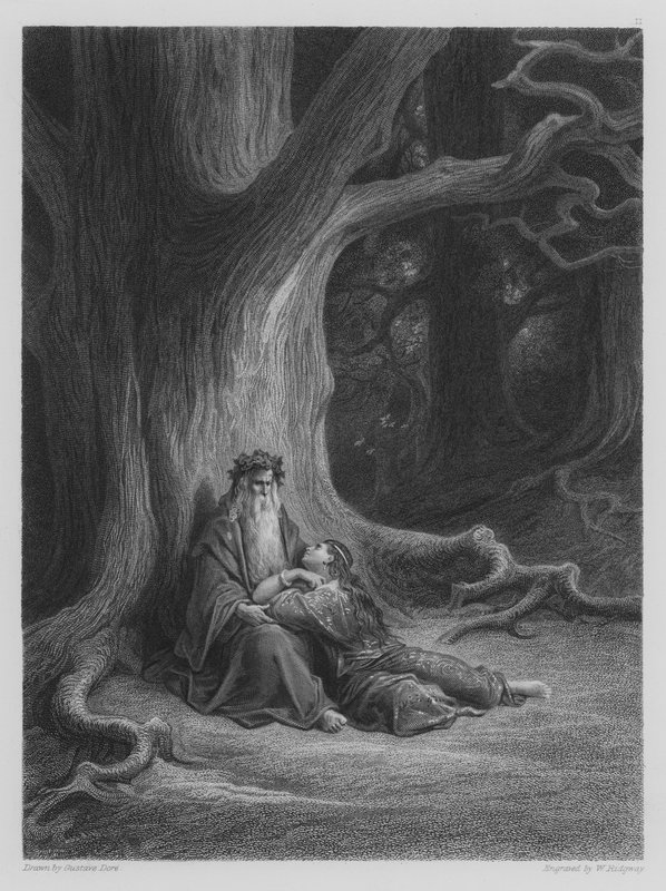 Vivien och Merlin vilar upp sig av Gustave after Dore