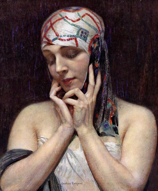 Meditation (färg litho) av Gustave Brisgand