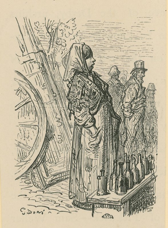 En kvinna som säljer glasflaskor av Gustave Dore