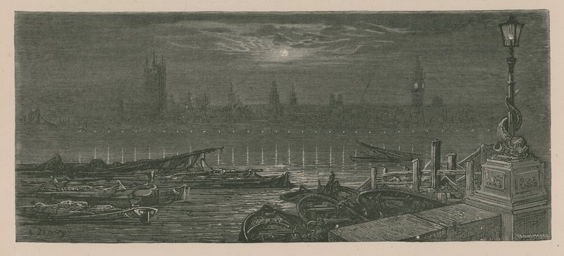Båtar förtöjda på Themsen av Gustave Dore