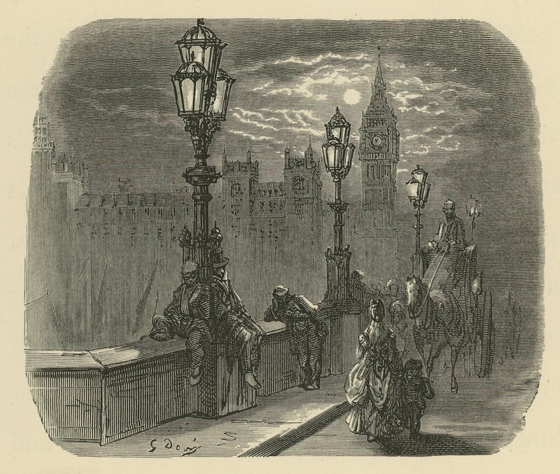 Människor och vagnar på Westminster Bridge av Gustave Dore