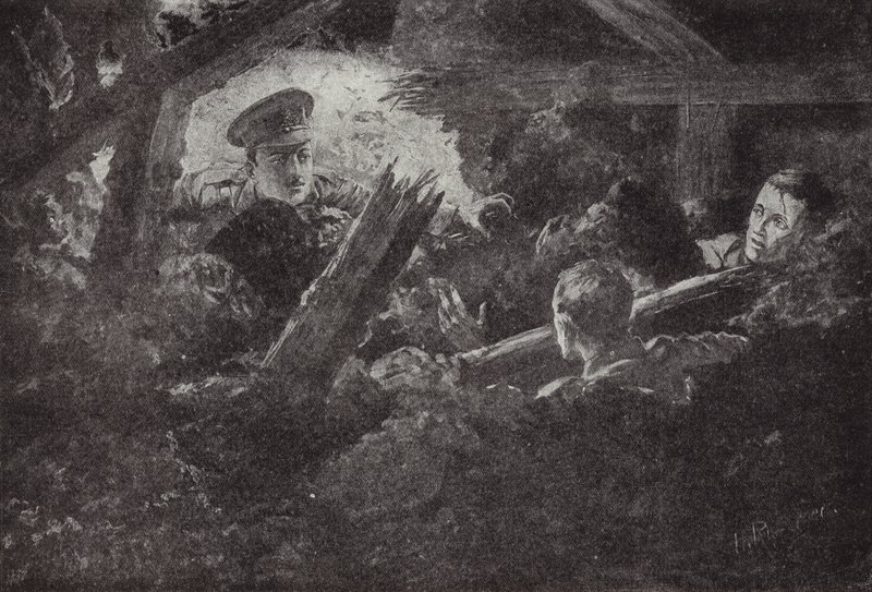 Löjtnant Cecil Calvert gräver upp och räddar två män från en minrösning som hade fallit in, 6 september 1915. av H. Ripperger