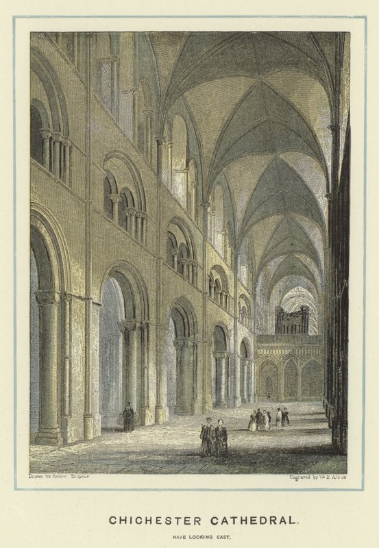 Chichester Cathedral, långhus som ser österut av Hablot Knight Browne