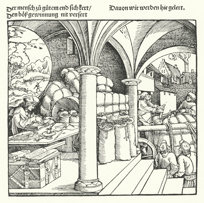 Den försiktige köpmannen (gravyr) av Hans (after) Burgkmair