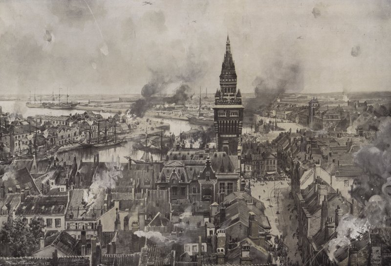 Bombardementet av Dunkirk (litho) av Hans W. (after) Schmidt
