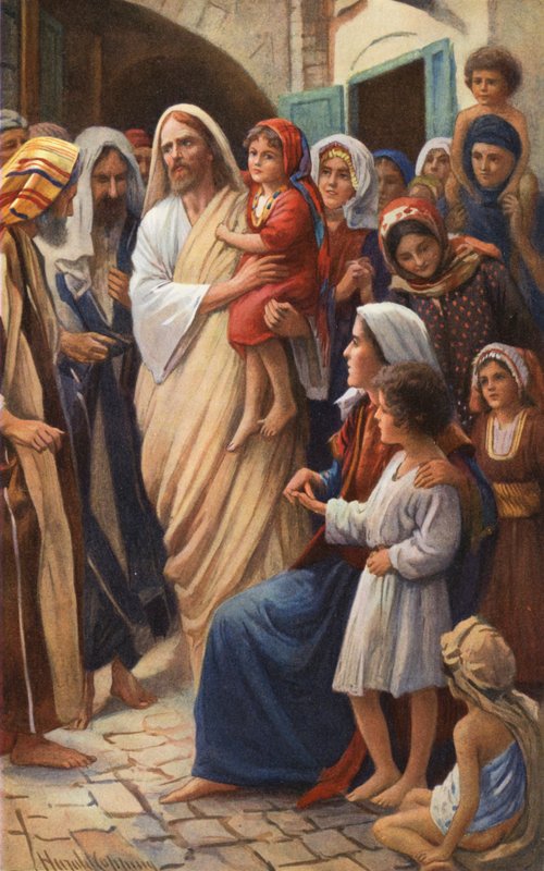 Jesus välsignar små barn (färglitografi) av Harold Copping