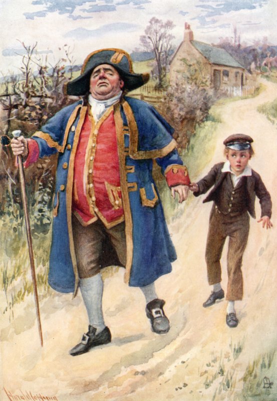 Mr. Bumble och Oliver Twist (litho i färg) av Harold Copping