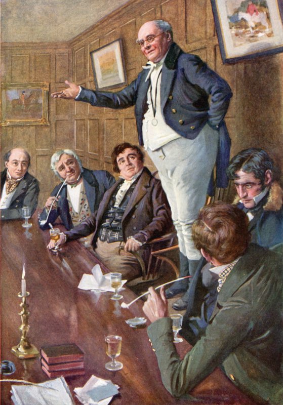 Mr Pickwick talar till klubben (färg litho) av Harold Copping