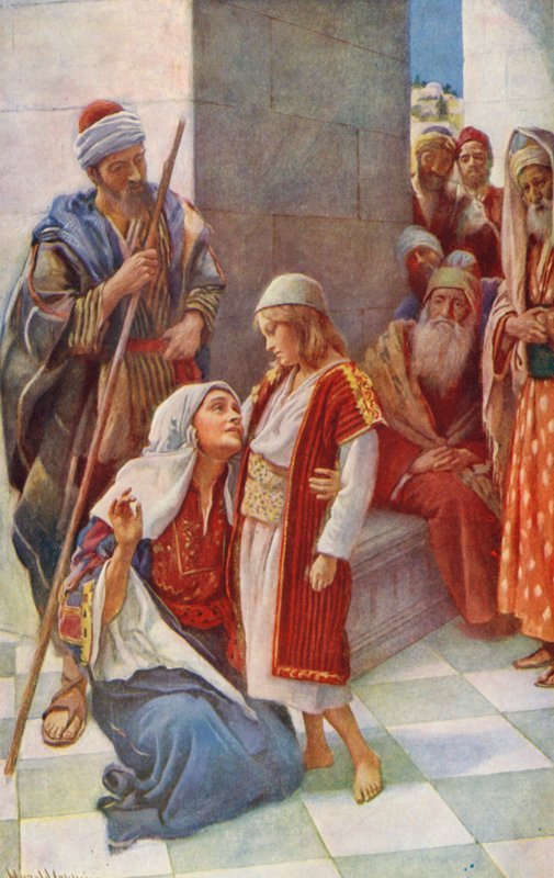 Nya Testamentet: "Min fars affärer" (färglitografi) av Harold Copping