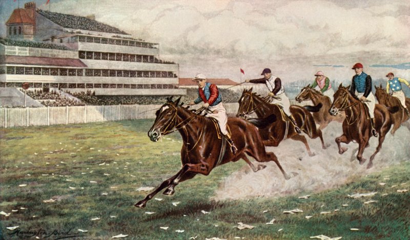 Isinglass Winning the Derby (färg litho) av Harrington Bird