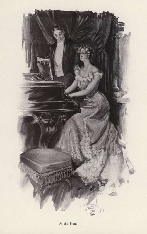 Kvinna som sjunger vid pianot (litho) av Harrison Fisher