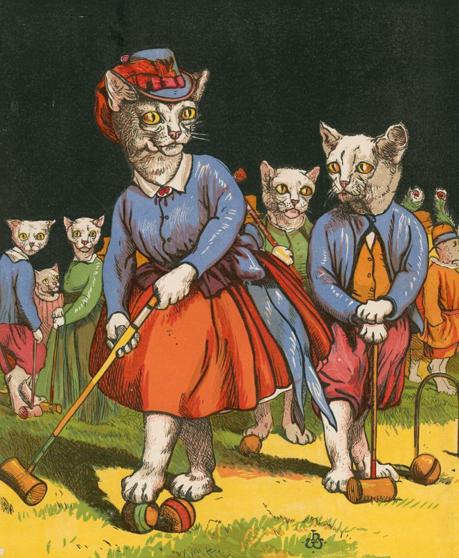Katter som spelar krocket (färg litho) av Harrison William Weir