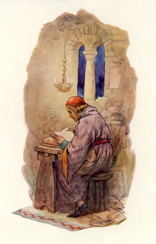 Merlin-läsning (färglitografi) av Harry George Theaker