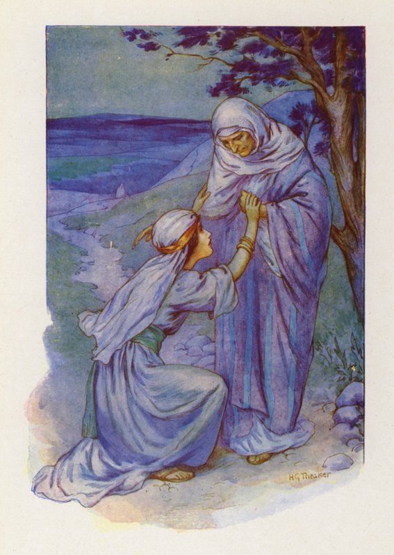 Ruth och Naomi (färglitografi) av Harry George Theaker