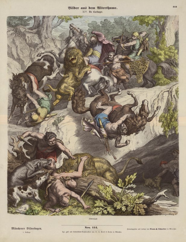 Karthagiska lejonjakt (färgad gravyr) av Heinrich Leutemann