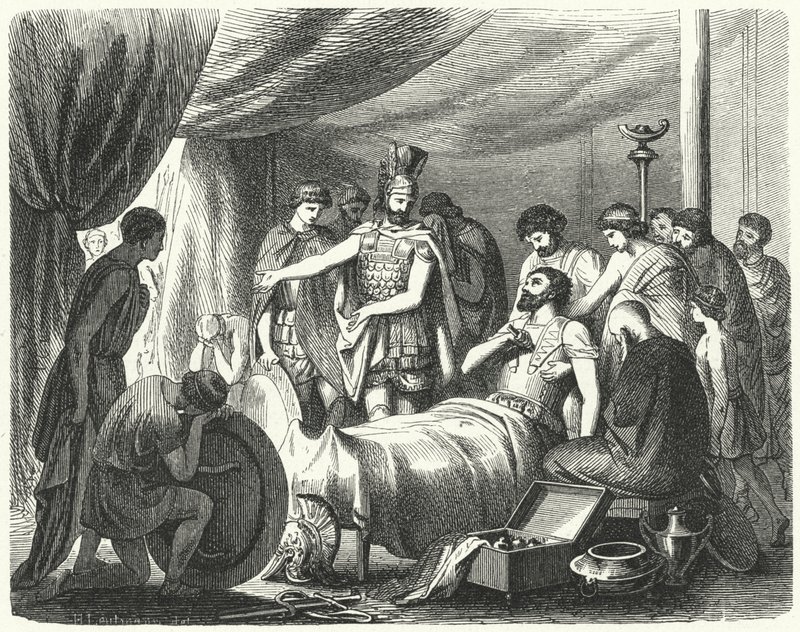 Epaminondas död, 362 f.Kr. (gravyr) av Heinrich Leutemann
