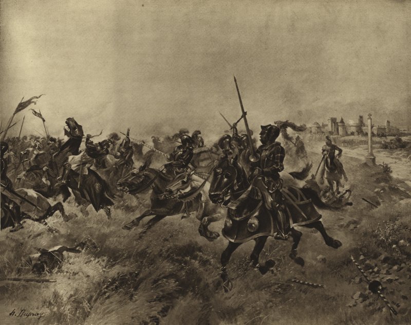 Battle of the Spurs, 1513 (gravyr) av Henri Louis Dupray