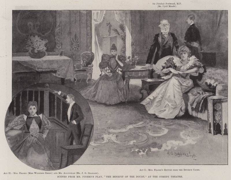Scener från Mr Pineros pjäs, The Benefit of the Doubt, på Comedy Theatre av Henry Charles Seppings Wright
