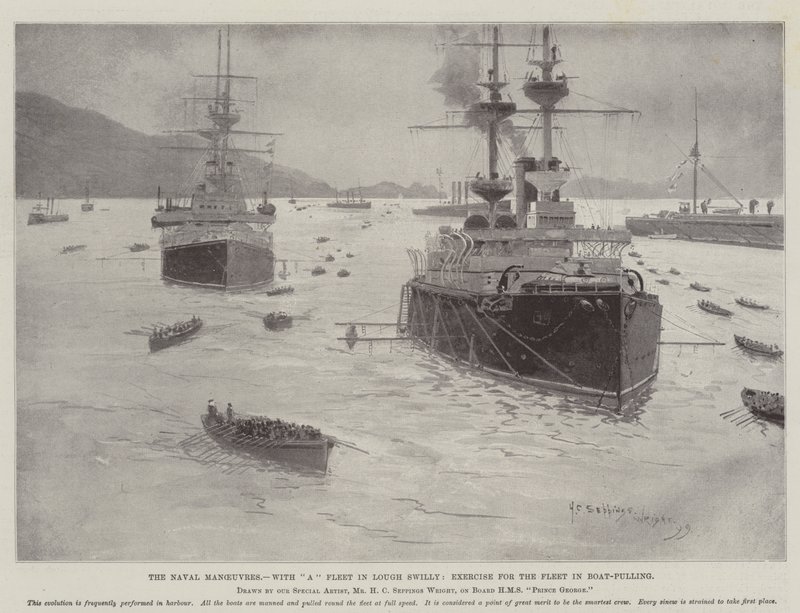 Flottans manövrer, med en flotta i Lough Swilly, övning för flottan i båtdragning av Henry Charles Seppings Wright