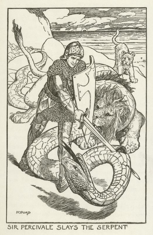 Sir Percivale dödar ormen av Henry Justice Ford