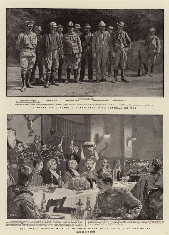 Ett fruktlöst ärende, en konferens med general De Wet, The London Scottish välkomna till sina kamrater i CIV på Hallowe