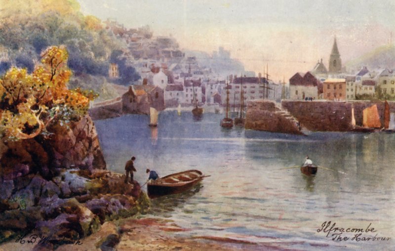 Hamnen, Ilfracombe (färglitografi) av Henry B. (after) Wimbush