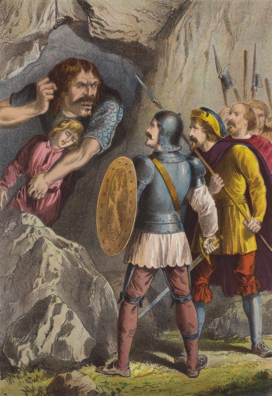 Giant Slay-God och Feeble-Mind (chromolitho) av Henry Courtney Selous