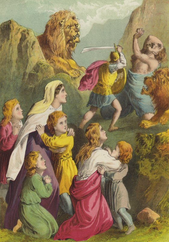 Greatheart dödar Giant Grim (chromolitho) av Henry Courtney Selous