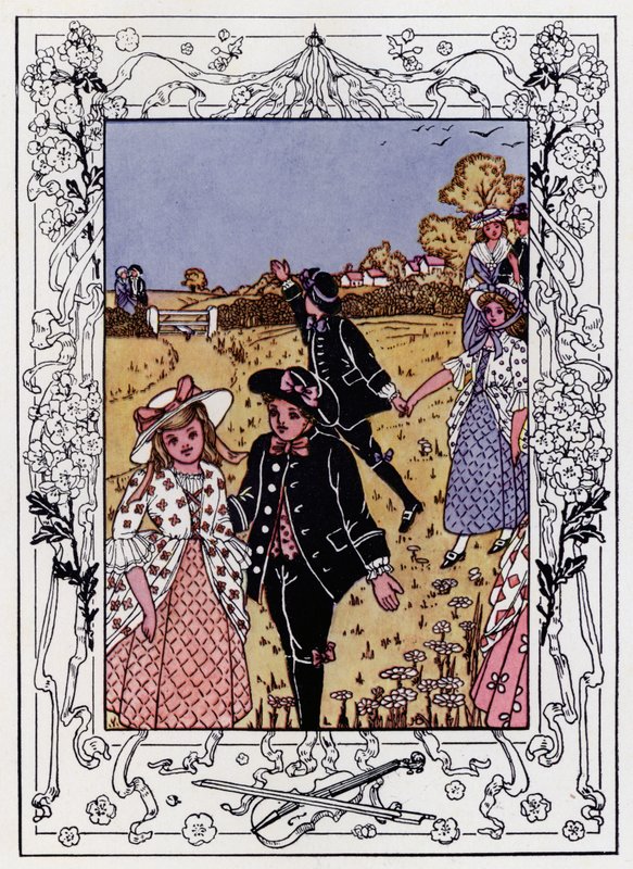 Kom Lasses and Lads (färg litho) av Hilda Broughton