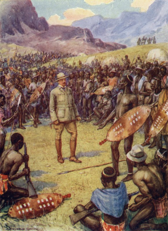 Cecil Rhodes, med Matabeles (färg litho) av Howard Davie