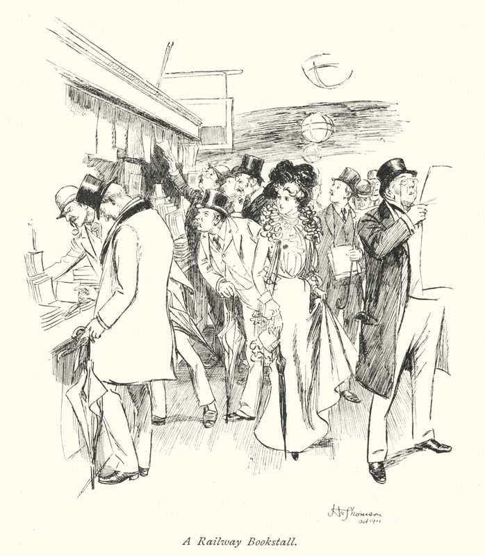 London: A Railway Bookstall (färglitografi) av Hugh Thomson