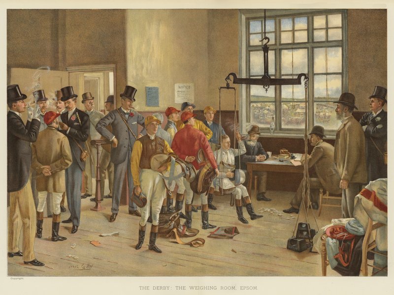 Derbyt, vägningsrummet, Epsom (kromolitho) av Isaac J. Cullin