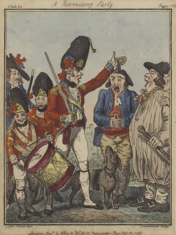 Ett rekryterande parti, 1797 (färgad etsning) av Isaac Robert Cruikshank