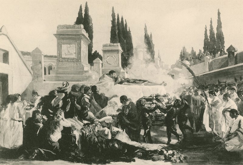 En begravning vid Ustrinum (gravyr) av Italian School