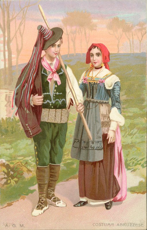 Abruzzesisk dräkt (chromolitho) av Italian School
